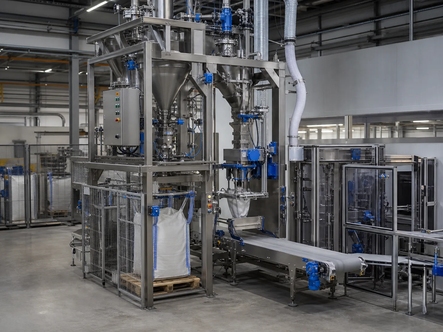 Hopper, dozaj ve torba dolum modüllerinden oluşan kapalı proses sistemi